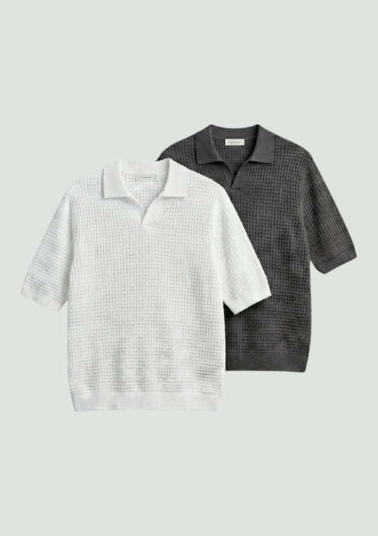 2 Piece Waffle Knit Polo T-Shirt (White – Charcoal)