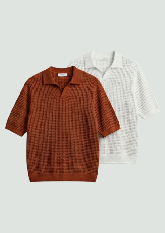 2 Piece Waffle Knit Polo T-Shirt (White – Rust)