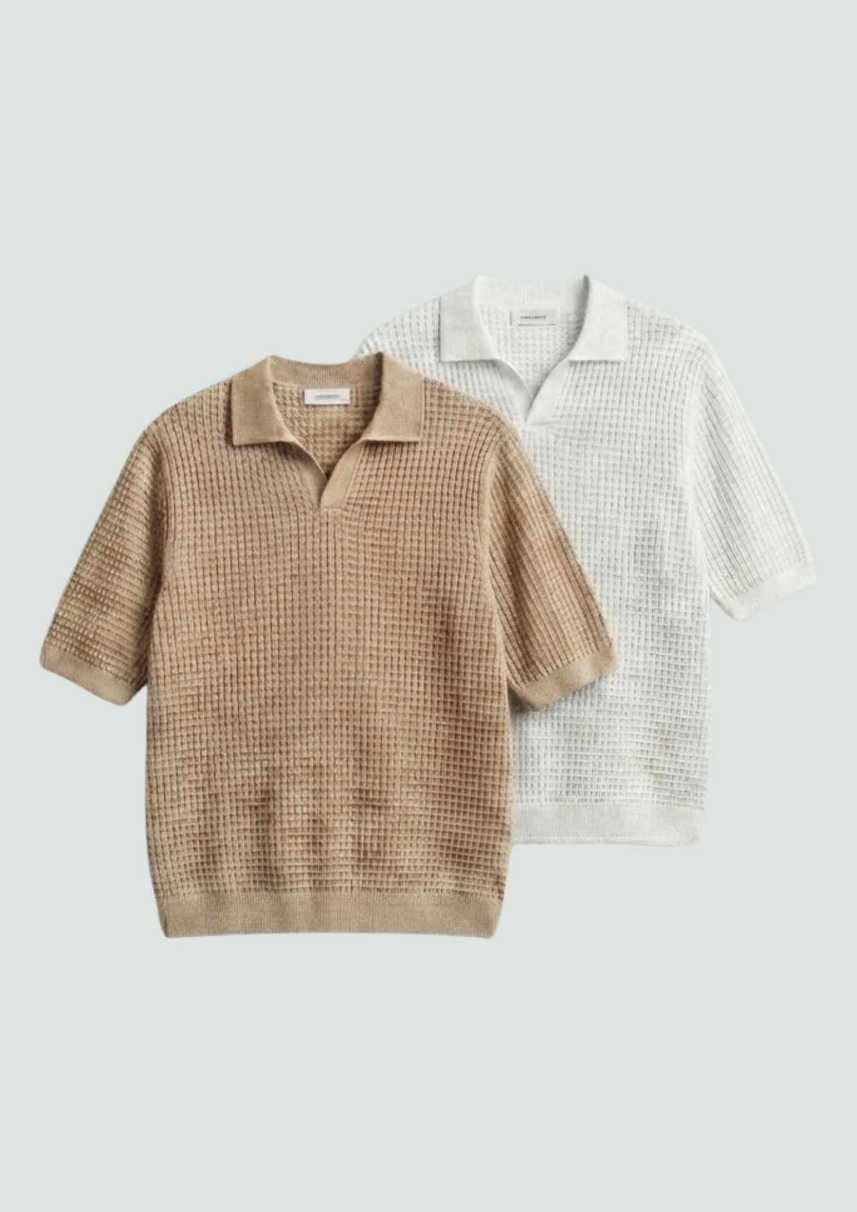 2 Piece Waffle Knit Polo T-Shirt (White – Desert Sand)
