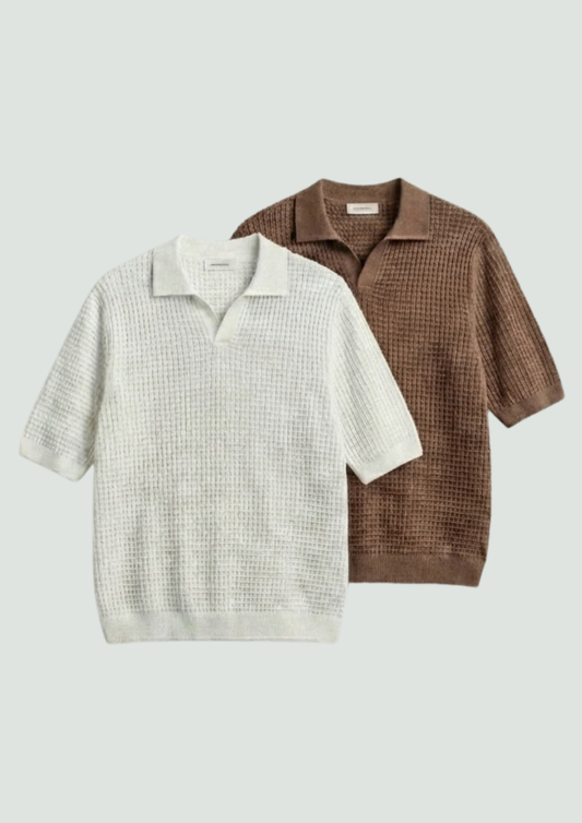 2 Piece Waffle Knit Polo T-Shirt (White – Mocha)