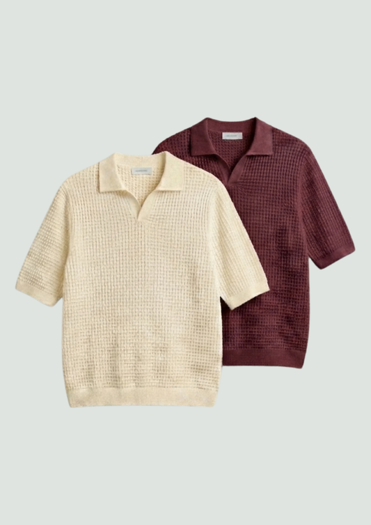 2 Piece Waffle Knit Polo T-Shirt (Cream – Maroon)