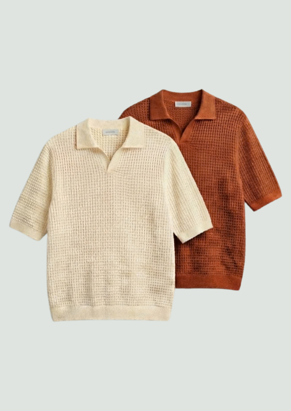 2 Piece Waffle Knit Polo T-Shirt (Cream – Rust)