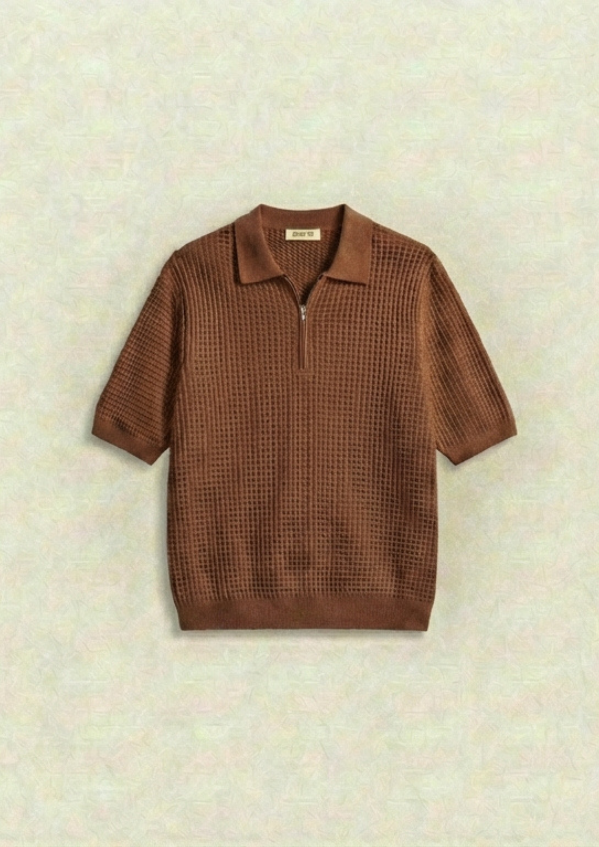 Waffle Knit Zipper Polo T-Shirt - Brown
