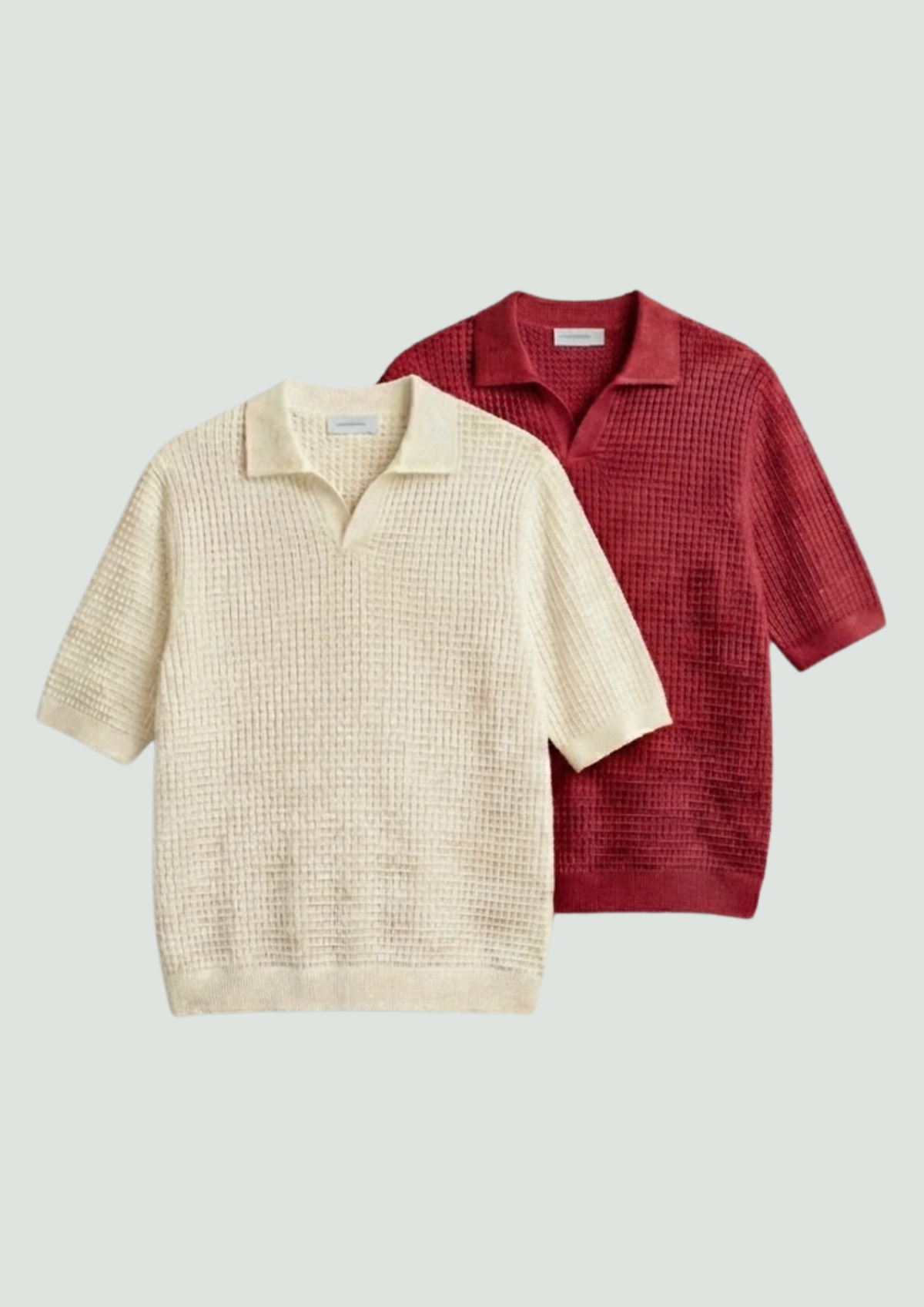 2 Piece Waffle Knit Polo T-Shirt (Cream – Red)