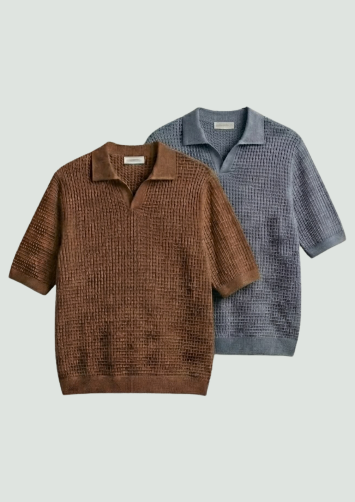 2 Piece Waffle Knit Polo T-Shirt (Brown – Steel Gray)