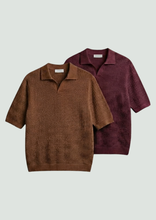 2 Piece Waffle Knit Polo T-Shirt (Brown – Maroon)