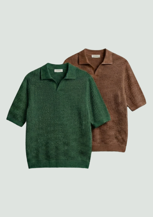 2 Piece Waffle Knit Polo T-Shirt (Brown – Forest Green)