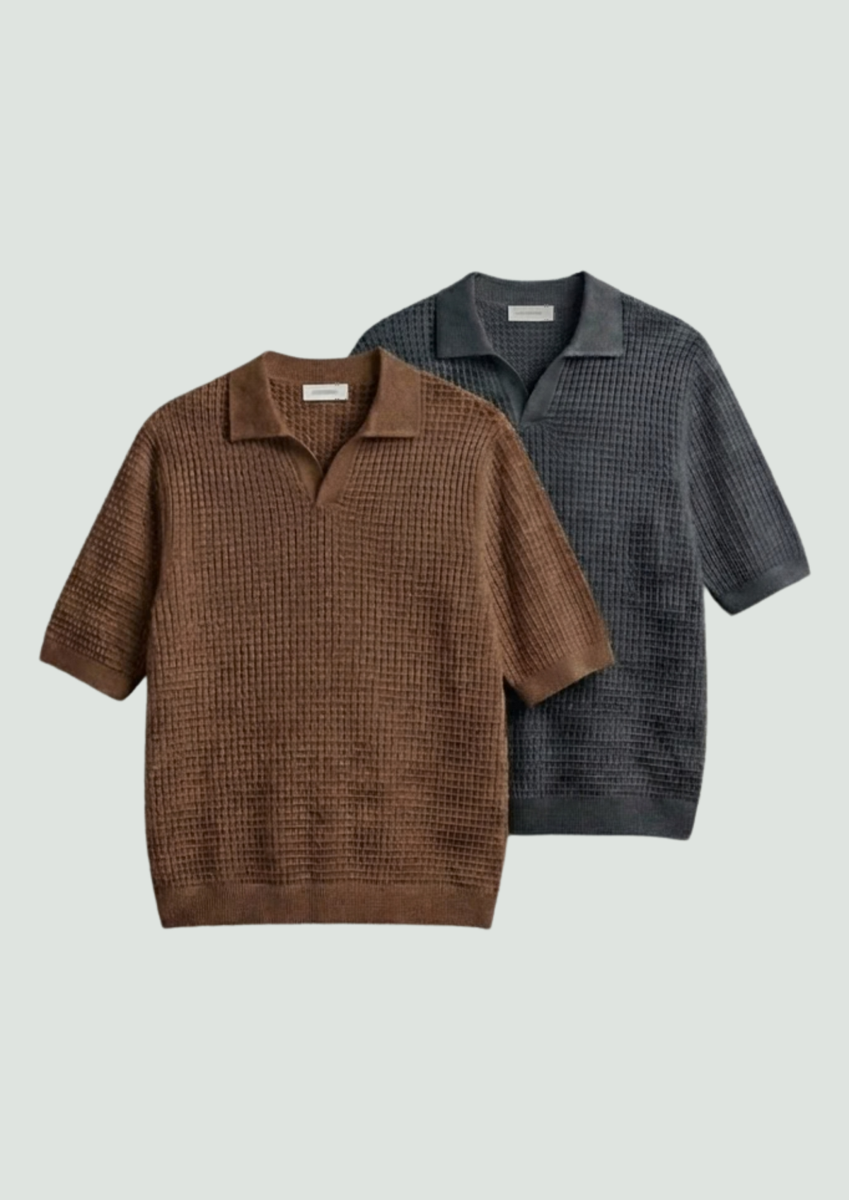 2 Piece Waffle Knit Polo T-Shirt (Brown – Charcoal)