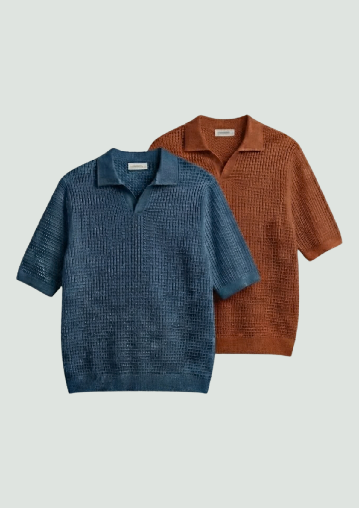2 Piece Waffle Knit Polo T-Shirt (Steel Blue – Rust)