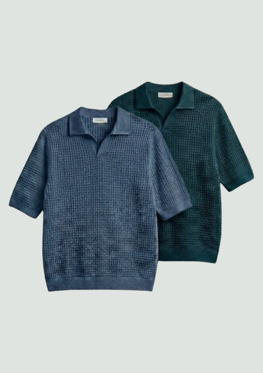 2 Piece Waffle Knit Polo T-Shirt (Steel Blue – Dark Teal)