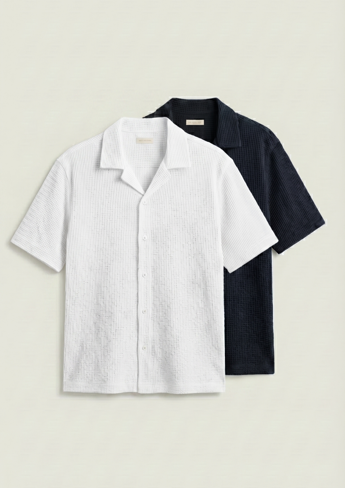Pack Of 2 Waffle Knit Cuben Collar Shirt - (White - Black)