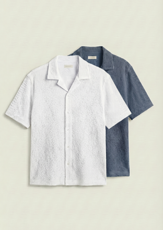 Pack Of 2 Waffle Knit Cuben Collar Shirt - (White - Steel Blue)