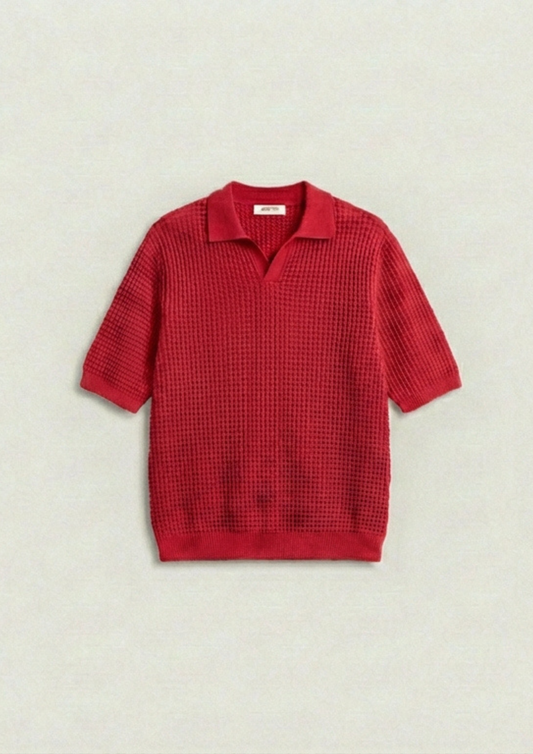 Waffle Knit Polo T-Shirt - Red
