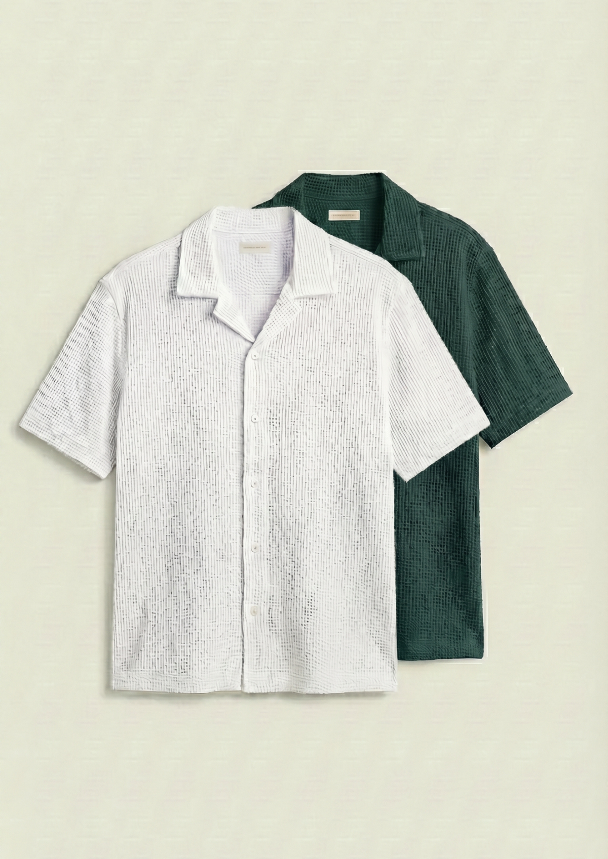 Pack Of 2 Waffle Knit Cuben Collar Shirt - (White -Bottle Green)