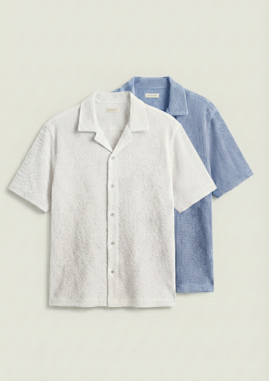 Pack Of 2 Waffle Knit Cuben Collar Shirt - (White - Light Blue)