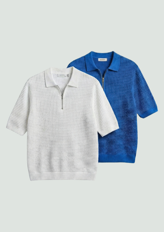 Pack of 2 – Waffle Knit Zipper Polo - (White – Dodger Blue)