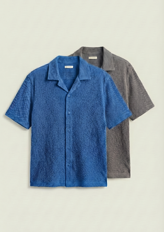 Pack Of 2 Waffle Knit Cuben Collar Shirt - (Dodger Blue – Steel Gray)