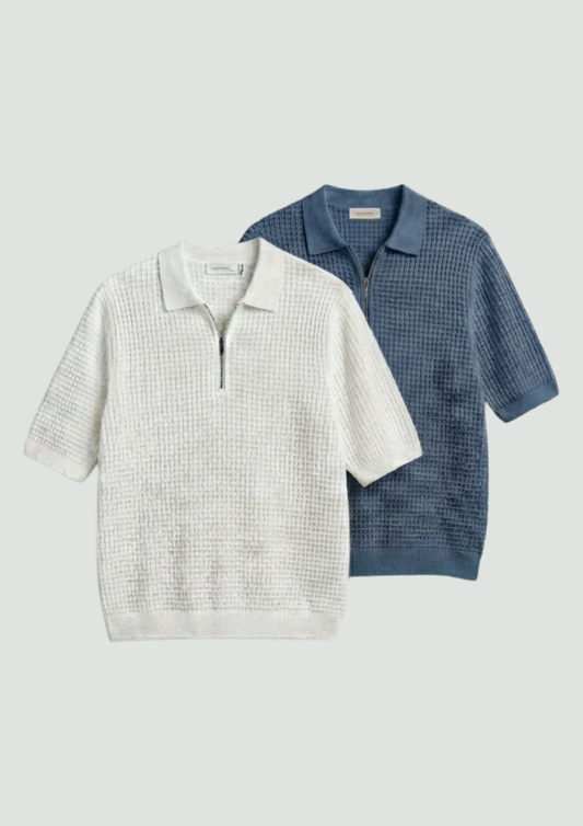 Pack of 2 – Waffle Knit Zipper Polo - (White – Steel Blue)