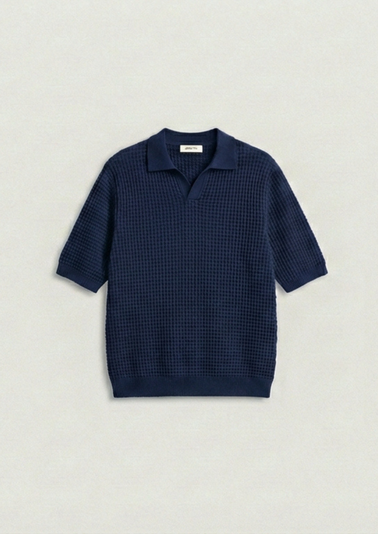 Waffle Knit Polo T-Shirt - Navy