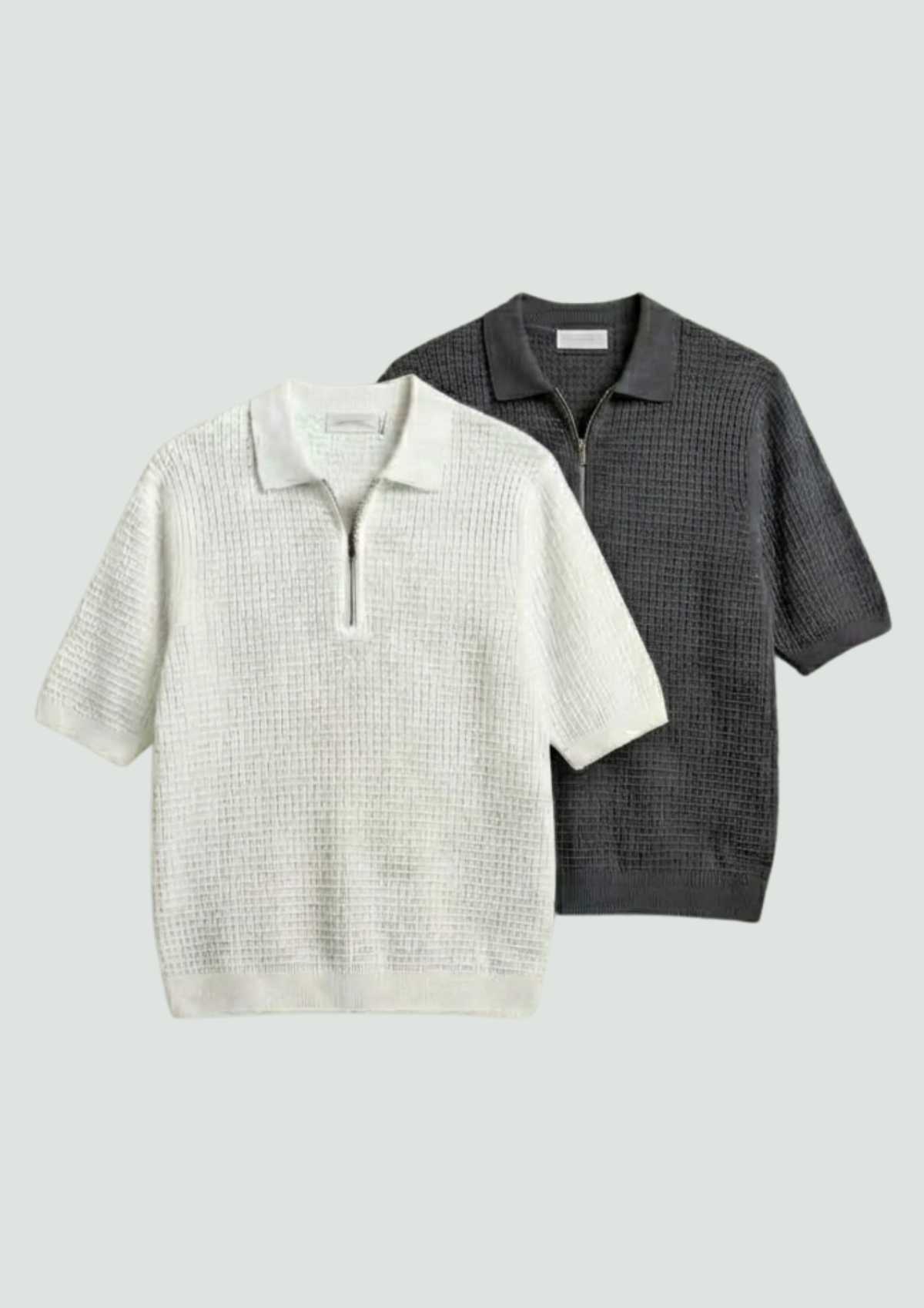 Pack of 2 – Waffle Knit Zipper Polo - (White - Charcoal)