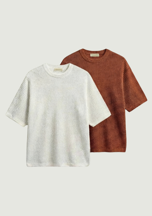 Pack of 2 – Waffle Knit Oversized Tees - (White – Rust)