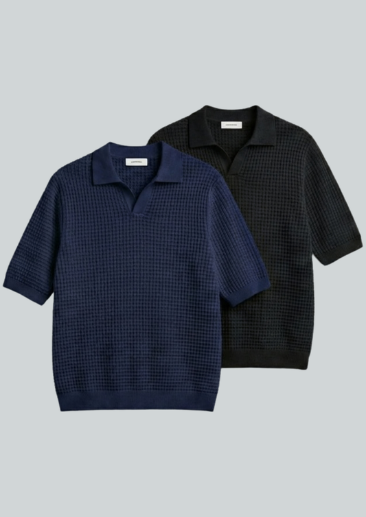 2 Piece Waffle Knit Polo T-Shirt (Navy Blue – Black)