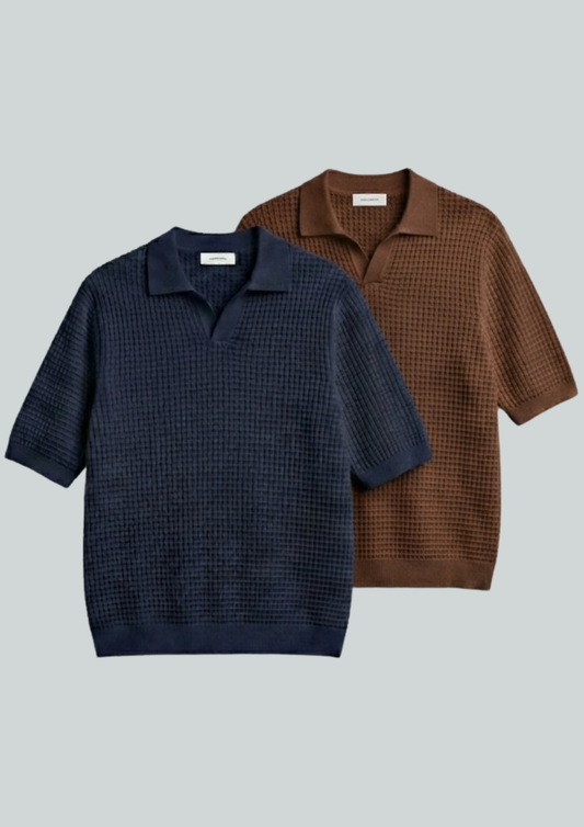 2 Piece Waffle Knit Polo T-Shirt (Navy Blue – Brown)