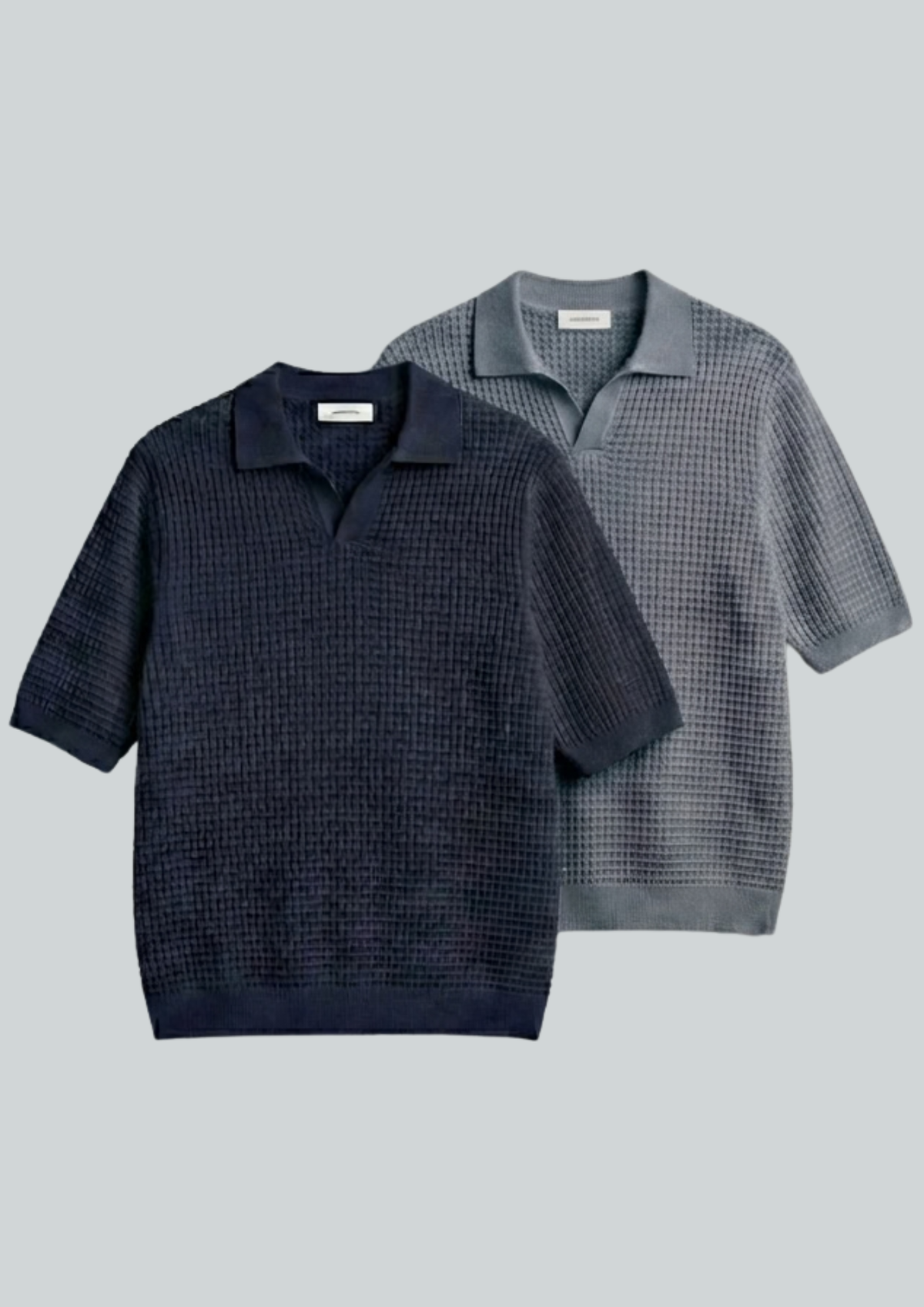 2 Piece Waffle Knit Polo T-Shirt (Navy Blue – Steel Gray)