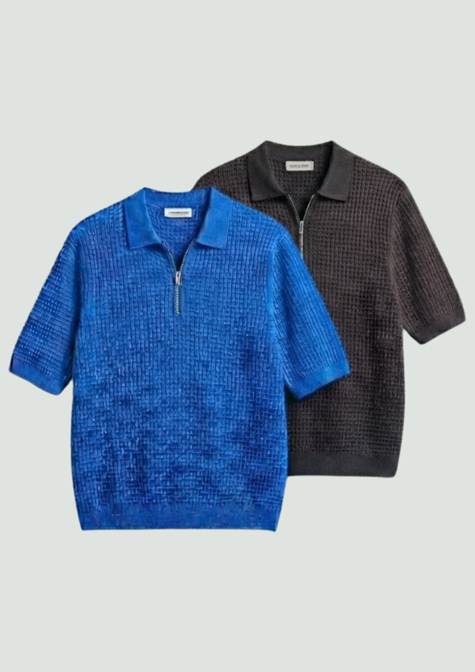 Pack of 2 – Waffle Knit Zipper Polo - (Dodger Blue – Charcoal)