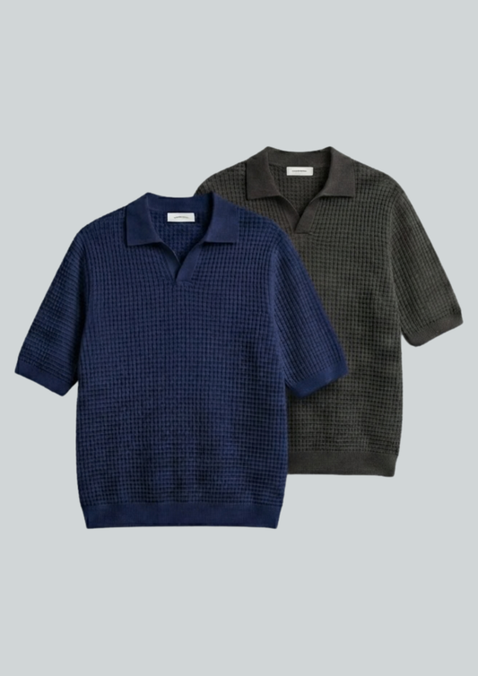 2 Piece Waffle Knit Polo T-Shirt (Navy Blue – Charcoal)