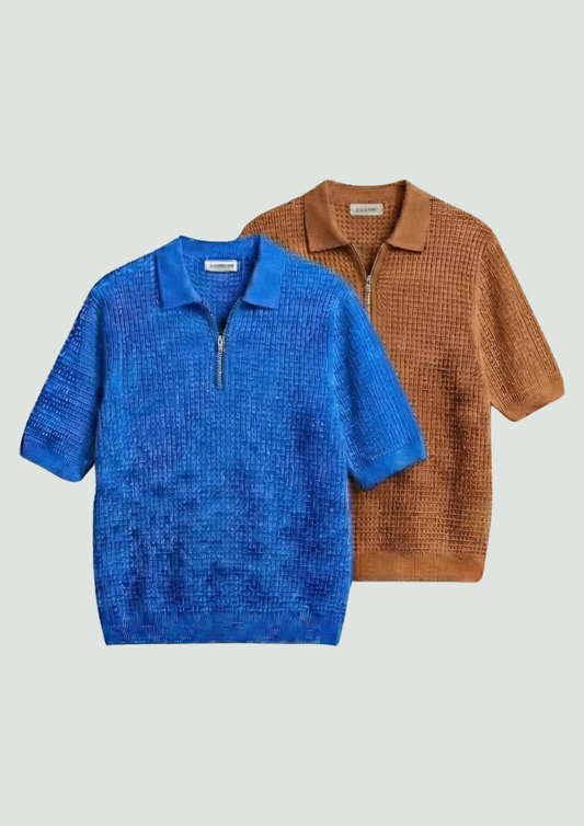 Pack of 2 – Waffle Knit Zipper Polo - (Dodger Blue – Desert Sand)