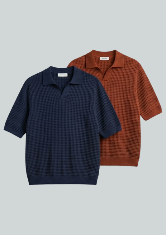 2 Piece Waffle Knit Polo T-Shirt (Navy Blue – Rust)