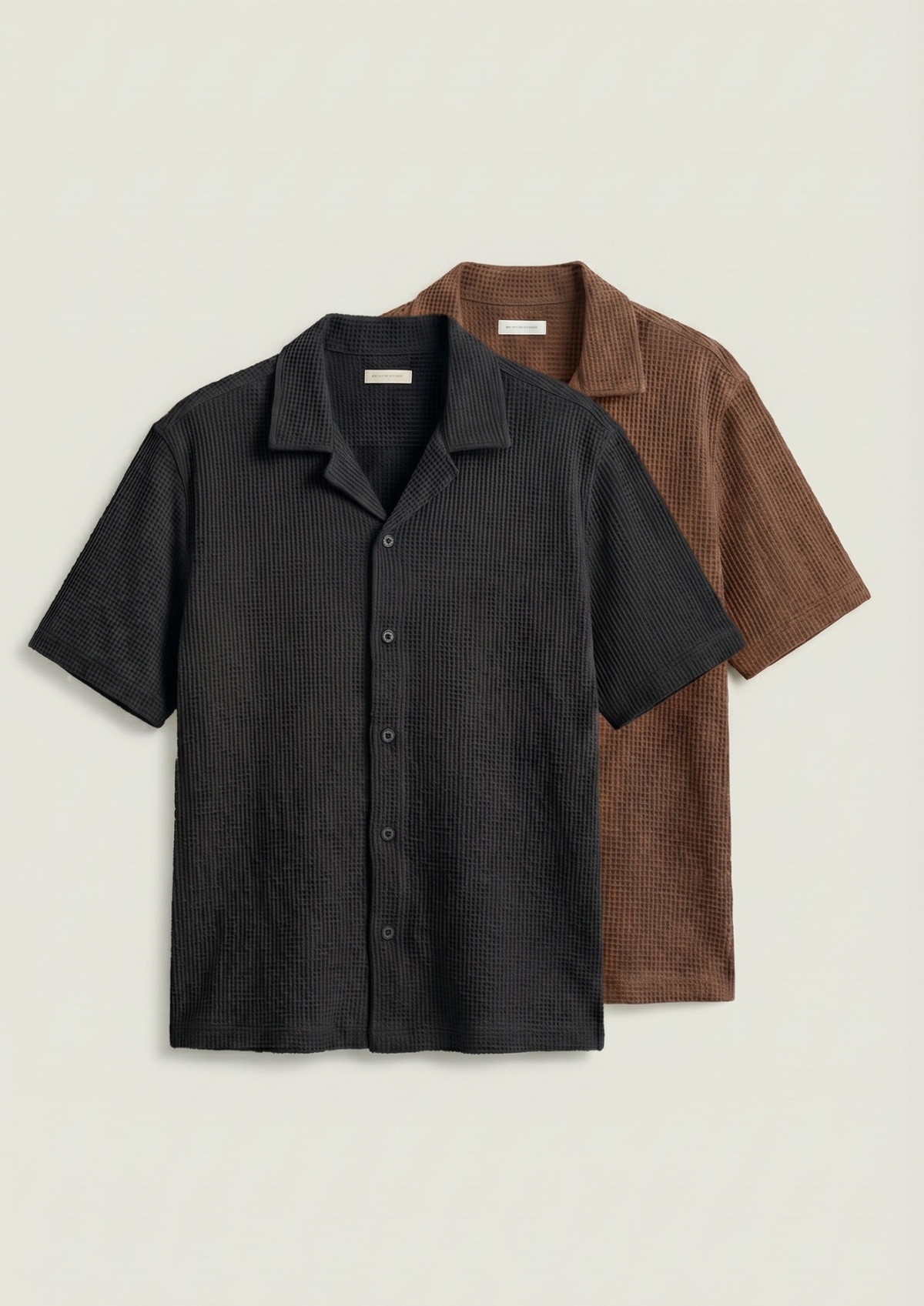 Pack Of 2 Waffle Knit Cuben Collar Shirt - (Black – Brown)