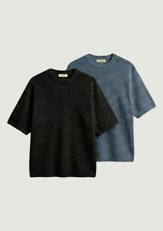 Pack of 2 – Waffle Knit Oversized Tees - (Black – Steel Blue)