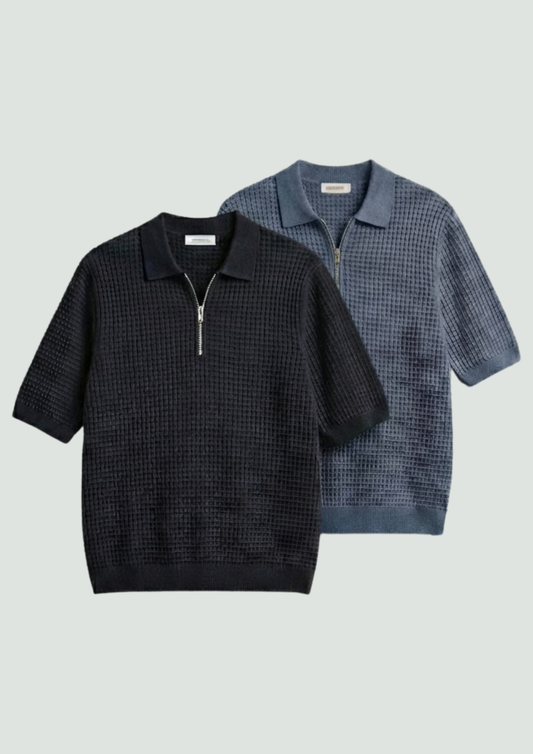 Pack of 2 – Waffle Knit Zipper Polo - (Black – Steel Gray)