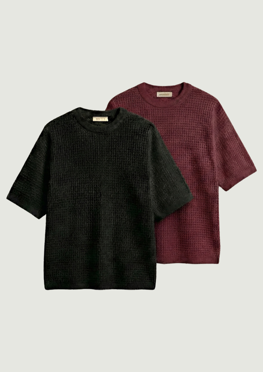 Pack of 2 – Waffle Knit Oversized Tees - (Black – Maroon)
