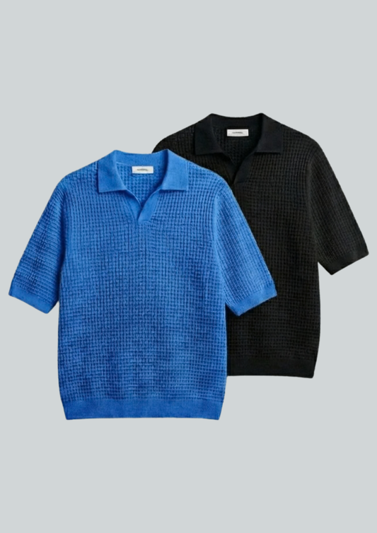 2 Piece Waffle Knit Polo T-Shirt (Dodger Blue – Black)