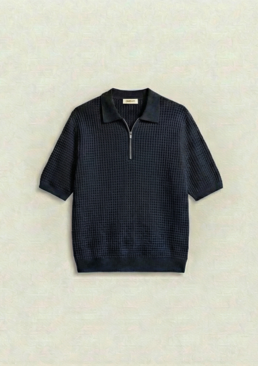 Waffle Knit Zipper Polo T-Shirt - Black