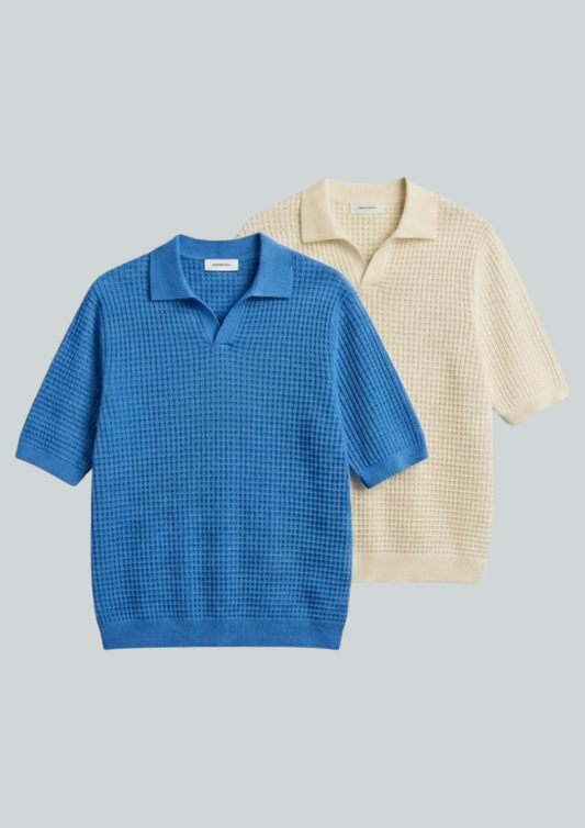 2 Piece Waffle Knit Polo T-Shirt (Dodger Blue – Cream)