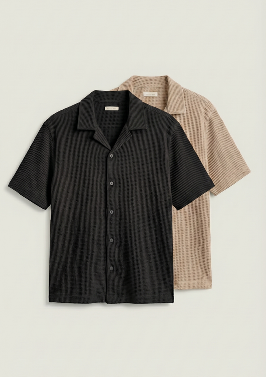 Pack Of 2 Waffle Knit Cuben Collar Shirt - (Black – Desert Sand)
