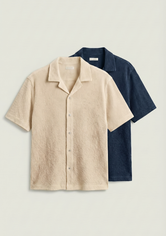 Pack Of 2 Waffle Knit Cuben Collar Shirt -(Navy Blue – Cream)