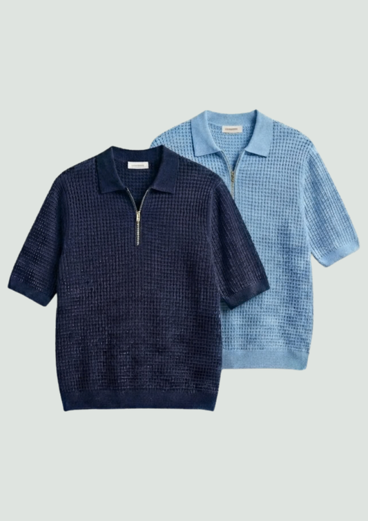 Pack of 2 – Waffle Knit Zipper Polo - (Navy Blue – Light Blue)