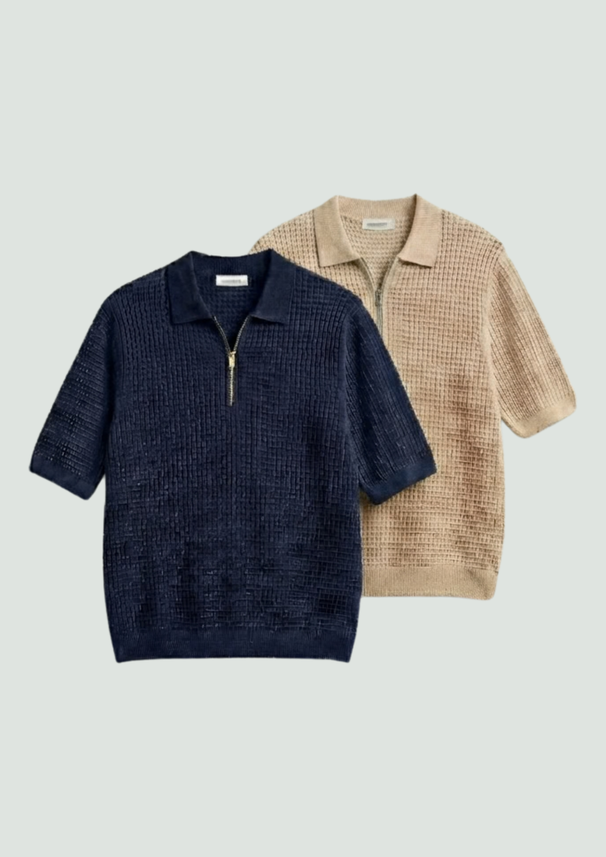Pack of 2 – Waffle Knit Zipper Polo - (Navy Blue – Desert Sand)