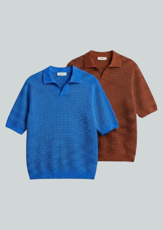 2 Piece Waffle Knit Polo T-Shirt (Dodger Blue – Rust)
