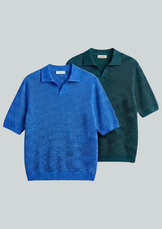 2 Piece Waffle Knit Polo T-Shirt (Dodger Blue – Dark Teal)