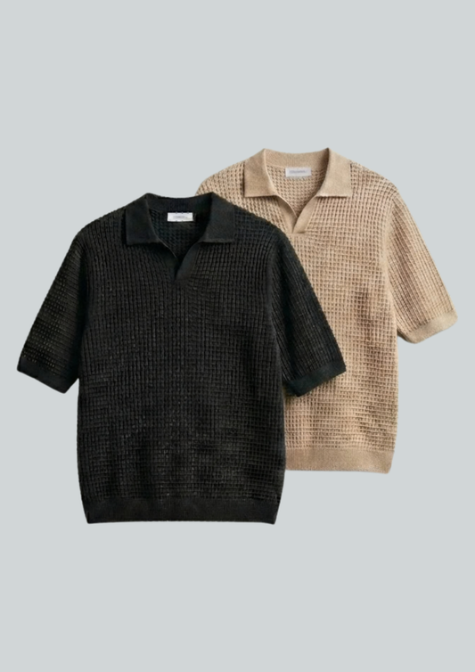 2 Piece Waffle Knit Polo T-Shirt (Black – Desert Sand)
