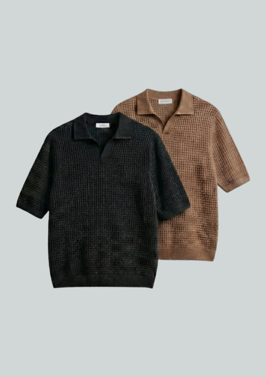 2 Piece Waffle Knit Polo T-Shirt (Black – Mocha)
