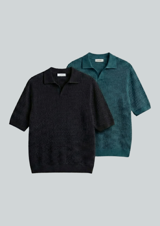 2 Piece Waffle Knit Polo T-Shirt (Black – Dark Teal)