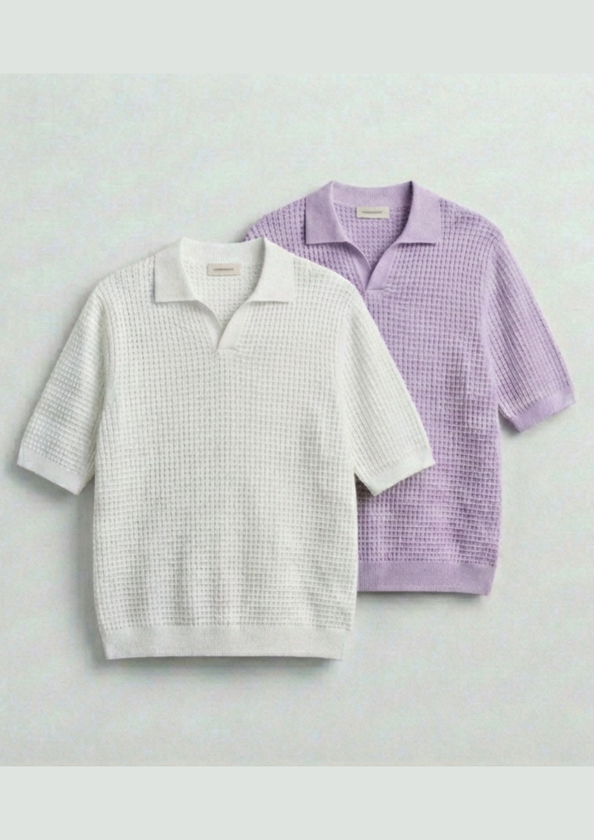 2 Piece Waffle Knit Polo T-Shirt (White – Lilac)