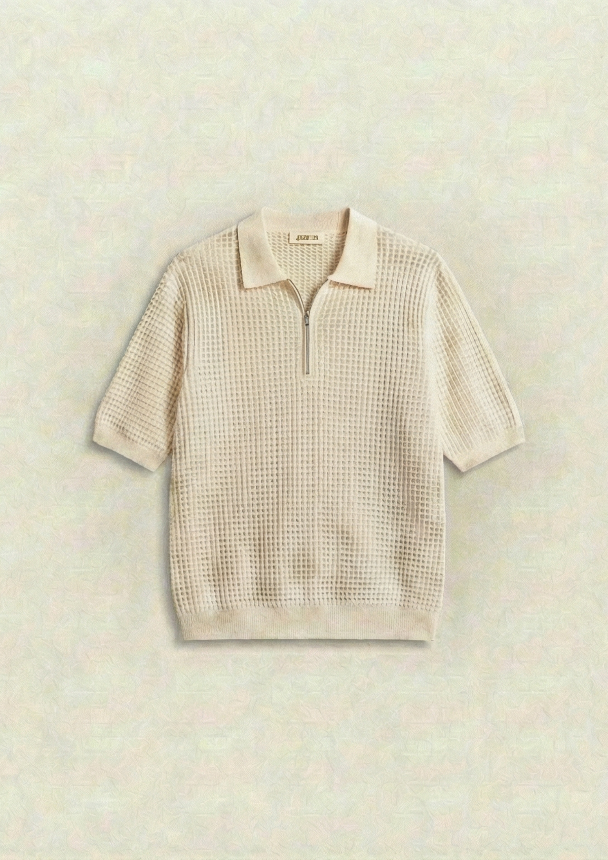 Waffle Knit Zipper Polo T-Shirt - Cream
